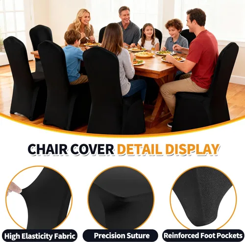 Miniatura 4 de Yahpetes 2 fundas para silla, de poliéster negro, fundas para sillas de banquete, parte delantera plana, elásticas, de elastano, para bodas