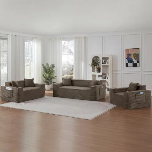 Miniatura 27 de Sofá sin hueso de 66.5 pulgadas con portavasos y bolsillos laterales, sofá biplaza tapizado de tela de pana moderna con 2 almohadas para sala