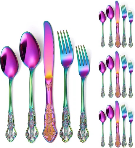 Miniatura 14 de Modern Silverware - Juego de cubiertos martillados de acero inoxidable de 20 piezas para 4 personas, incluye tenedores, cucharas, cuchillos, plateado