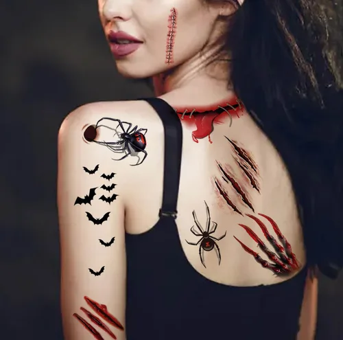 Miniatura 4 de Tatuajes temporales de gran tamaño, 10 hojas de tatuajes de cosplay de Halloween, tatuajes temporales realistas de boca grande, tatuaje de cicatriz