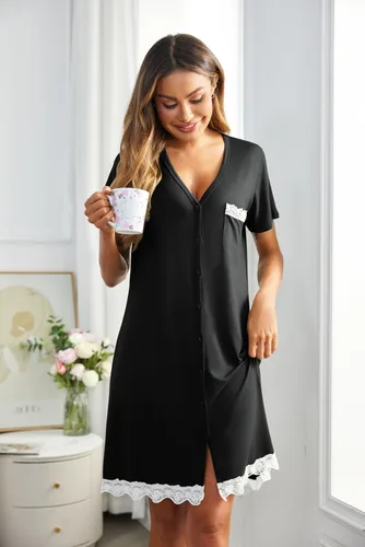 Miniatura 3 de Ekouaer Camisones a rayas con botones para mujer, camisones de manga corta