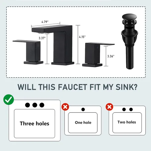 Miniatura 5 de VCCUCINE - Grifo de baño negro de 3 agujeros, grifo de lavabo de baño de 8 pulgadas, grifo de baño negro mate de 2 asas, moderno grifo de tocador