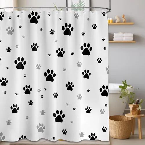 Miniatura 11 de Cortina de ducha con estampado de patas, perro y gato, decoración divertida de baño para niños, tela impermeable con ganchos