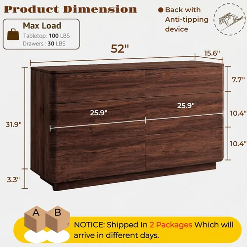 Miniatura 2 de ACCOHOHO Cómoda moderna de 6 cajones para dormitorio, cómoda de madera de 52 pulgadas de ancho con gran almacenamiento, cómoda sin asas, soporte