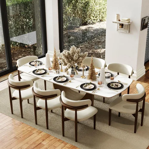 Miniatura 15 de POVISON Juego de mesa de comedor para 4, mesa rectangular negra de piedra sinterizada mate de 63 pulgadas con base de acero al carbono bronce, silla