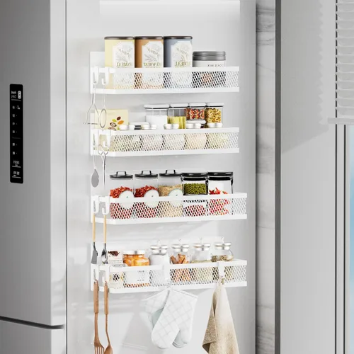 Miniatura 10 de Estante magnético para especias para refrigerador, paquete de 3 estantes magnéticos para refrigerador, cesta magnética móvil se utiliza para Negro