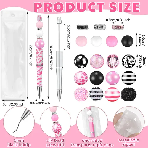 Miniatura 2 de Cholemy Juego de 24 bolígrafos de plástico surtidos, cuentas espaciadoras de cristal de chicle, cuentas espaciadoras de tinta negra, juego