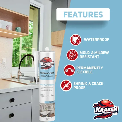 Miniatura 4 de Kraken Bond Calafateo de silicona de alta calidad para cocina y baño, color blanco, (2 x 10.1 onzas líquidas) RTV de silicona blanca impermeable
