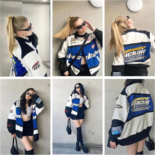 Miniatura 3 de Vamtac Vintage Hombres Motocicleta Bomber Varsity Chaquetas Gráfico Casual Flojo Hip-Hop Letterman Streetwear Uniformes, 01-Blanco
