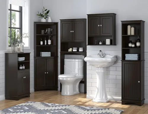 Miniatura 7 de Spirich Gabinete de baño montado en la pared, armarios colgantes de madera con puertas y estantes, botiquín sobre el inodoro, espresso
