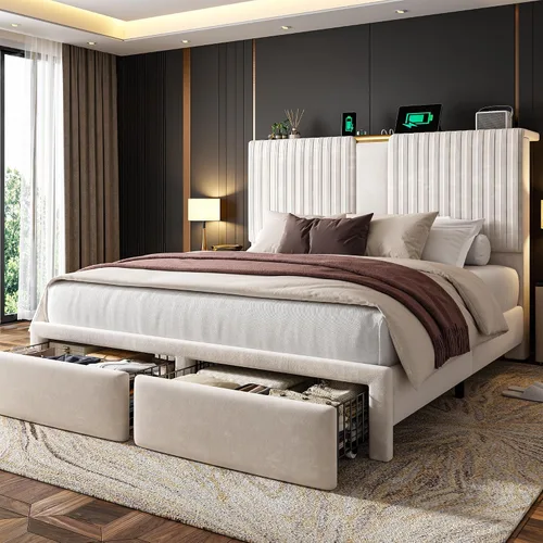 Homkdom Base de cama Queen con cabecera de almacenamiento de terciopelo, 2 cajones grandes y 3 puertos de carga, base de cama de plataforma de 51.3