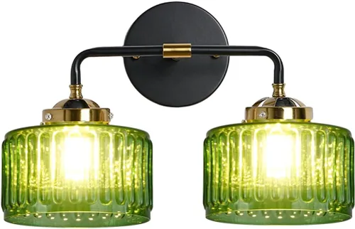 Miniatura 8 de Lámparas de baño de mediados de siglo, aplique de pared de 2 luces con pantalla de vidrio con rayas verdes, luz de montaje en pared, luces modernas