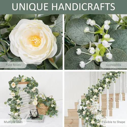Miniatura 3 de TOCHGREEN Paquete de 4 Guirnaldas de Flores de Eucalipto Artificial con Rosas Blancas, Guirnalda de Flores de Rosa Falsa Vegetación Enredaderas