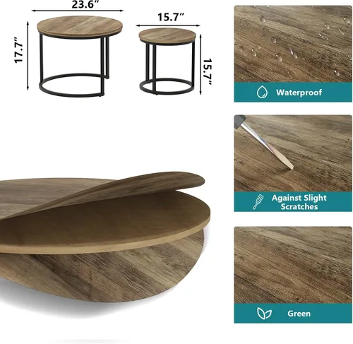 Miniatura 2 de Smuxee - Juego de 2 mesas de café anidadas, mesa de centro redonda de 23.6" con tapa de grano de madera y pies ajustables antideslizantes, mesa Roble