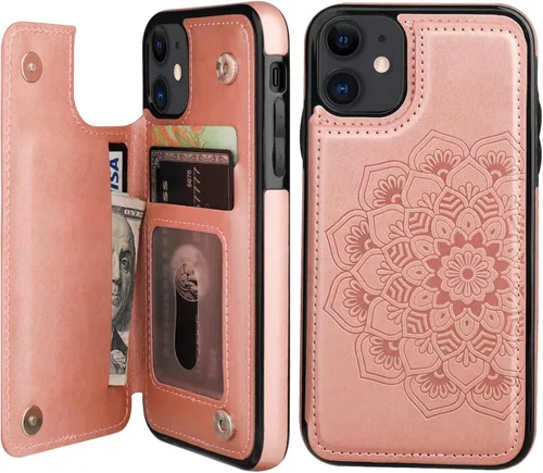 Miniatura 9 de Vaburs Funda compatible con iPhone 11 con tarjetero y diseño de mandala en relieve, piel sintética de alta calidad, doble botones magnéticos, a Gris