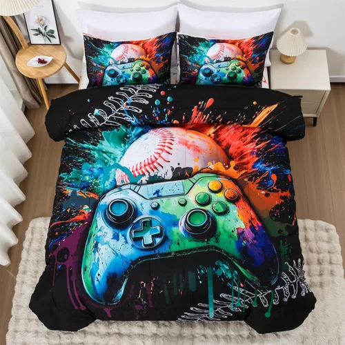 Miniatura 22 de Aimuan - Juego de ropa de cama para jugadores, conjuntos de edredón 3D con mando de juego para niños, botones de acción, controlador de juego Negro