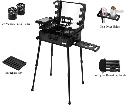 Miniatura 3 de Maletín de aluminio para maquillaje con luces LED, organizador profesional de cosméticos con altavoz, ruedas y soportes, estación de tocador