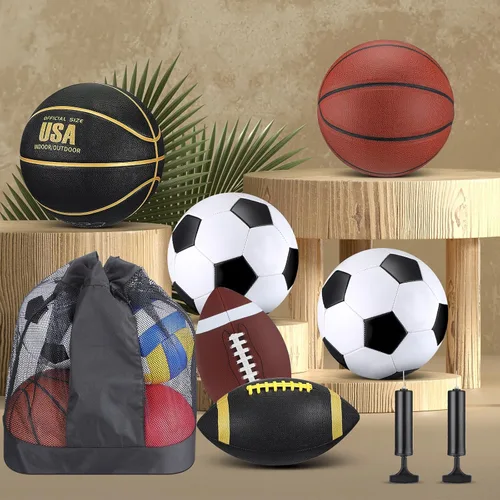 Miniatura 6 de Lenwen Juego de 6 pelotas deportivas para niños y adolescentes, incluye balón de fútbol de baloncesto de tamaño oficial con bolsas