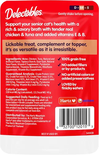 Miniatura 7 de Delectables Lickable Treat Savory Broth Senior 10+ Golosinas húmedas para gatos con pollo y atún reales, cobertura para alimentos, hidratante, sin