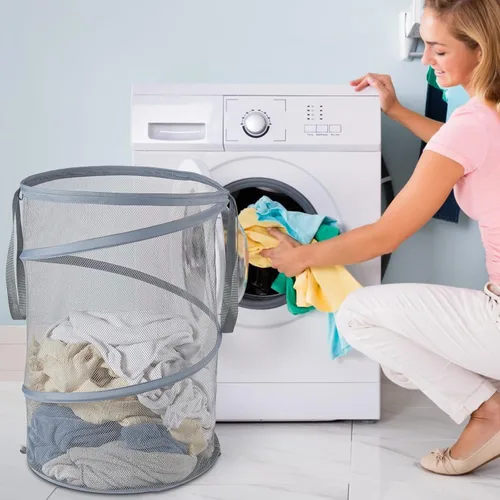 Miniatura 5 de Cesta plegable de malla para ropa sucia de 115 litros, cesta plegable de almacenamiento de ropa de gran capacidad con asas, 26 pulgadas de alto x 18