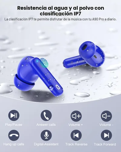 Miniatura 8 de Auriculares inalámbricos, Bluetooth 5.4, estéreo de bajos, auriculares con micrófono con cancelación de ruido, pantalla LED en el oído, llamadas Azul