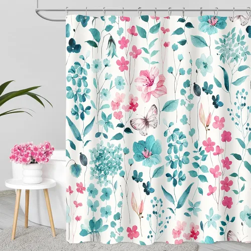 Miniatura 20 de MAYZUS Cortina de ducha con flores azules acuáticas, lindas cortinas de tela con flores para baño, juego de cortinas de tela de aguamarina