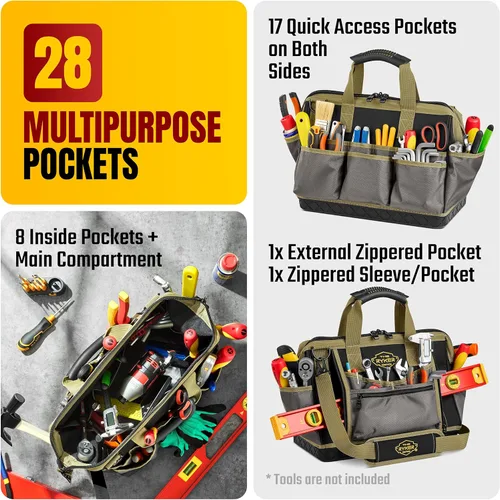 Miniatura 3 de Bolsa de herramientas grande Ryker de 16 pulgadas, organizador de bolsa de herramientas resistente para hombres/mujeres, 28 bolsillos, bolsas