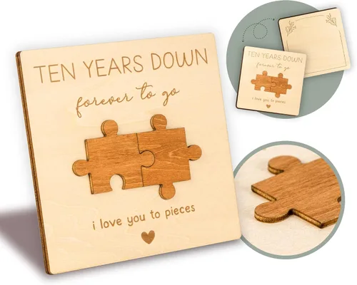 WOODAMORE Tarjeta de regalo de aniversario de 10 años para él y esposo, regalos de madera para el décimo aniversario de boda, tarjetas de feliz 10