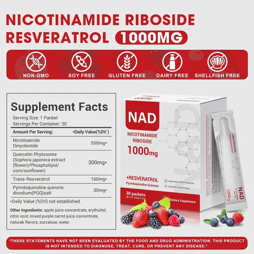 Miniatura 2 de Suplemento NAD+ de 1000 mg – Paquetes de palitos líquidos NAD con nicotinamida, resveratrol, PQQ y quercetina – Sabor a bayas – Apoya la energía