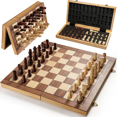 Miniatura 8 de Juego de tablero de ajedrez magnético para adultos y niños, tableros de ajedrez plegables de madera de 15 pulgadas, juego de ajedrez de viaje
