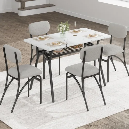 Miniatura 3 de GarveeHome Juego de mesa de comedor de 5 piezas para 4, mesa de cocina moderna con 4 sillas de bouclé, mesa de comedor rectangular con estante