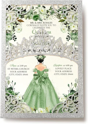 Miniatura 17 de 50 invitaciones de quinceañera con corona negra perlada cortada con láser Invitaciones de cumpleaños florales burdeos para Sweet 16/Miss XV