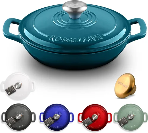 ROSSALLINI Cacerola de Hierro Fundido Esmaltada Signature, Olla de Servir Antiadherente con Tapa de Cierre Hermético para Asado Perfecto, Horneado,