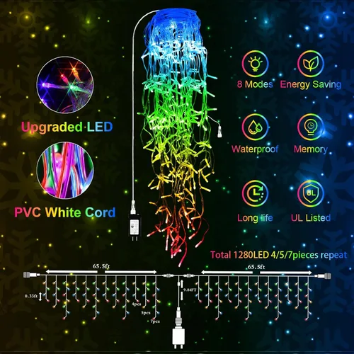 Miniatura 4 de JXLEDAYY Luces de Navidad superlargas de 1280 luces LED de 131 pies con 240 caídas, enchufables, con 8 modos de decoración de Navidad, para Multi