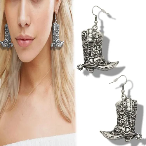 Miniatura 2 de RechicGu Botas vaqueras del oeste del oeste de Texas con diseño de espur colgantes, aretes colgantes de Rodeo Boho