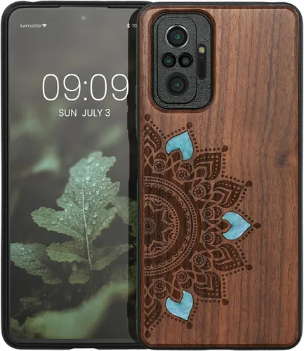 Miniatura 8 de kwmobile Funda de madera compatible con Xiaomi Redmi Note 10 Pro - Funda - Rising Sun Mother of Pearl Marrón oscuro