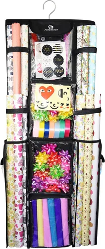 Freegrace Organizador de papel de regalo colgante de doble cara – Bolsa grande de almacenamiento de papel de regalo de 16 x 41 pulgadas – Bolsa de
