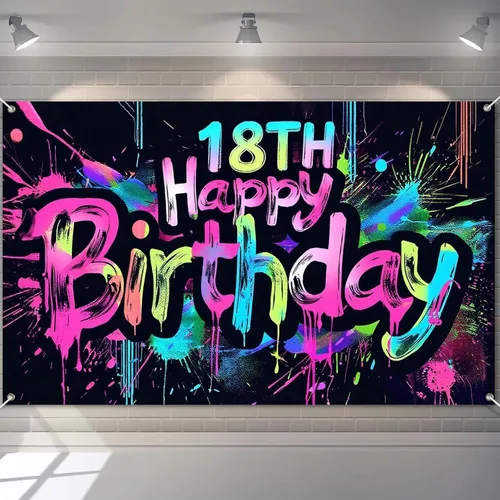 Miniatura 22 de HOMETITUTE Pancarta de Neón de Feliz 10mo Cumpleaños 71 x 43 pulgadas, Salpicadura de Pintura que Brilla en la Oscuridad, Telón de Fondo