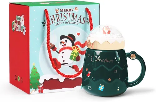 Taza navideña PARSUP, lindas tazas de té de cerámica con tapa de Santa, taza novedosa para leche, café, chocolate caliente, regalo para mujeres,