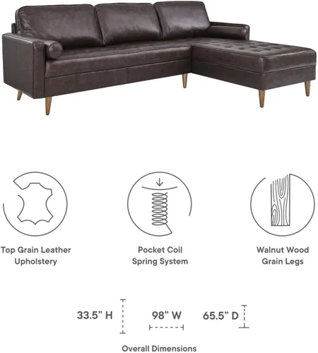 Miniatura 8 de Modway Valour - Sofá modular de cuero de estilo moderno de 98 pulgadas en color marrón