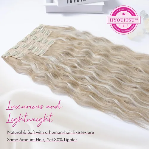 Miniatura 2 de REECHO Extensiones de cabello con clip, 5 piezas, de 24 pulgadas, de color rubio ceniza, extensiones de cabello con ondas largas y sueltas, HE002