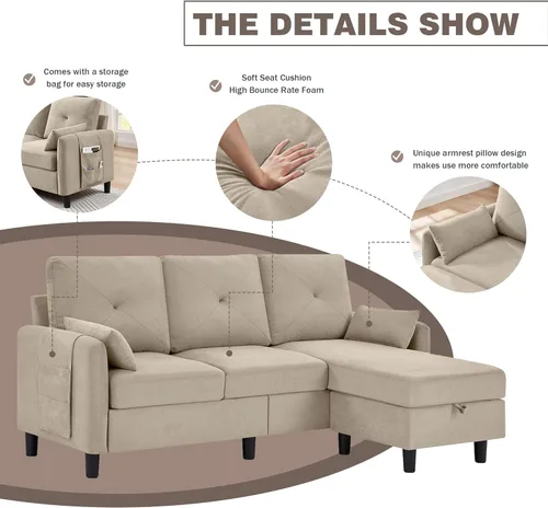 Miniatura 4 de Sofás Seccionales Convertibles de 77", Sofá en Forma de L de 3 Asientos con Chaise de Almacenamiento y Almohadas Removibles, Sofá Pequeño de Tela