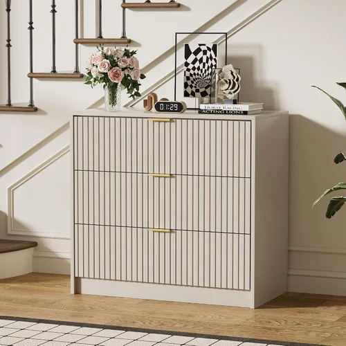 Miniatura 7 de Furniway - Cómoda color beige para habitación, moderna, 3 cajones y deslizadores suaves, cómoda ancha con jaladeras doradas para sala o armario