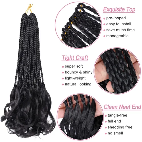 Miniatura 5 de Trenzas de ganchillo rizadas francesas de 14 pulgadas, 6 paquetes de trenzas caja con extremos rizados, trenzas de caja diosa, cabello trenzado #1B
