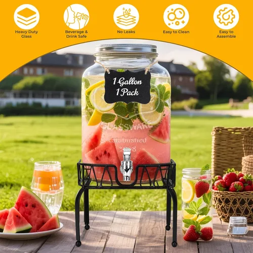 Miniatura 3 de Dispensador de bebidas de vidrio con soporte y tapa, un paquete de 2 galones con espita - Dispensadores de bebidas de vidrio para fiestas, bodas