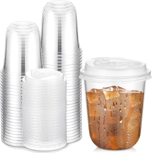 Miniatura 10 de Baderke 50 juegos de vasos de plástico transparente de 16 onzas con tapas, tazas de café helado resistentes con tapas, vasos de plástico desechables