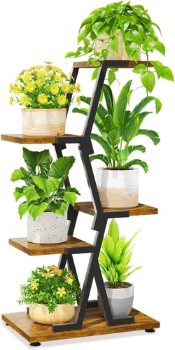Miniatura 10 de LASZOLA Soporte para plantas de 5 niveles alto de madera y metal para interiores para macetas de servicio pesado, estante vertical grande