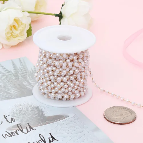 Miniatura 4 de UMAOKANG Cadenas de cuentas de perla de imitación de 10 metros con 4 mm de diámetro con carrete, eslabones de cadena de latón a granel para hacer