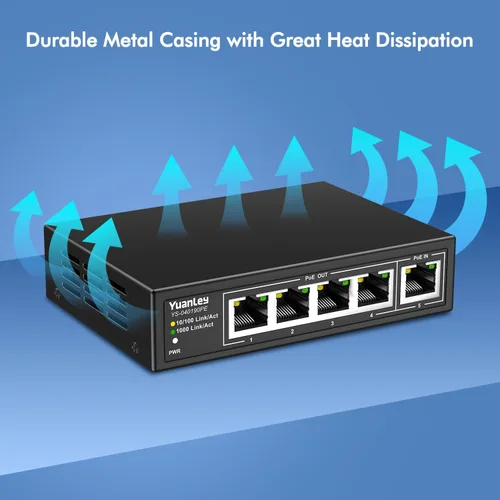 Miniatura 5 de Yuanley extensor PoE de 5 puertos Gigabit con 4 salidas PoE, 90W de entrada, mini interruptor de 5 canales de 1000Mbps IEEE 802.3af/at/bt, carcasa