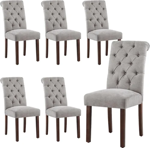 Miniatura 20 de Juego de 2 sillas de comedor capitoné, sillas de comedor Parsons tapizadas, sillas auxiliares de cocina de tela con patas de madera, beige
